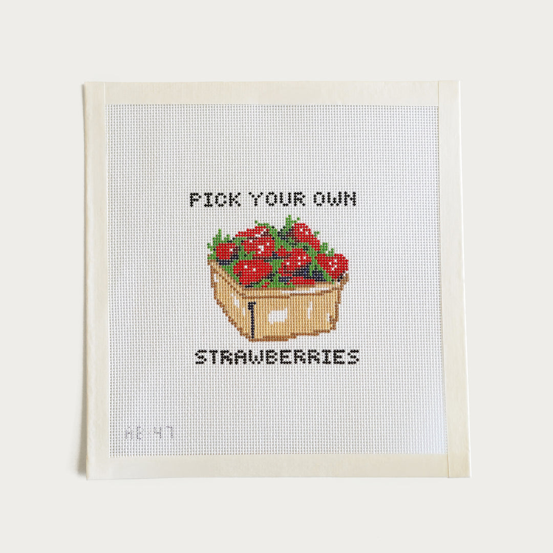 Pick Your Own Strawberries needlepoint canvas with berry carton, 3.5 by 4 inches on 18 mesh.