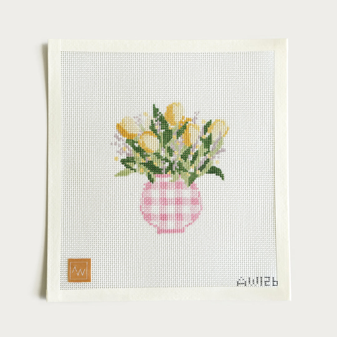 Hand-painted Pink Gingham Vase needlepoint canvas, 4.5” x 5” on 13 mesh, featuring a classic gingham pattern.