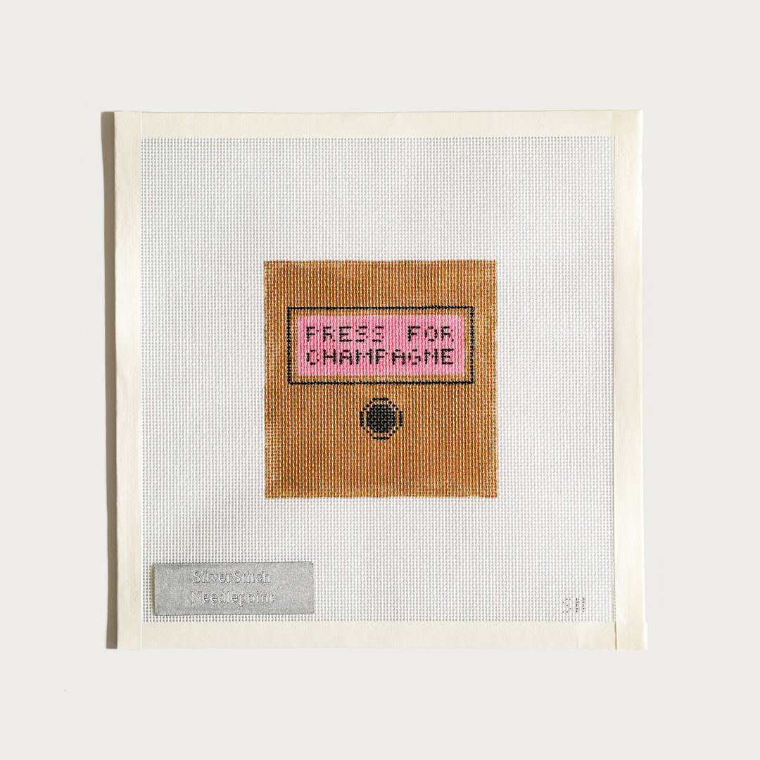 Hand-painted "Press for Champagne" needlepoint canvas (18 mesh).