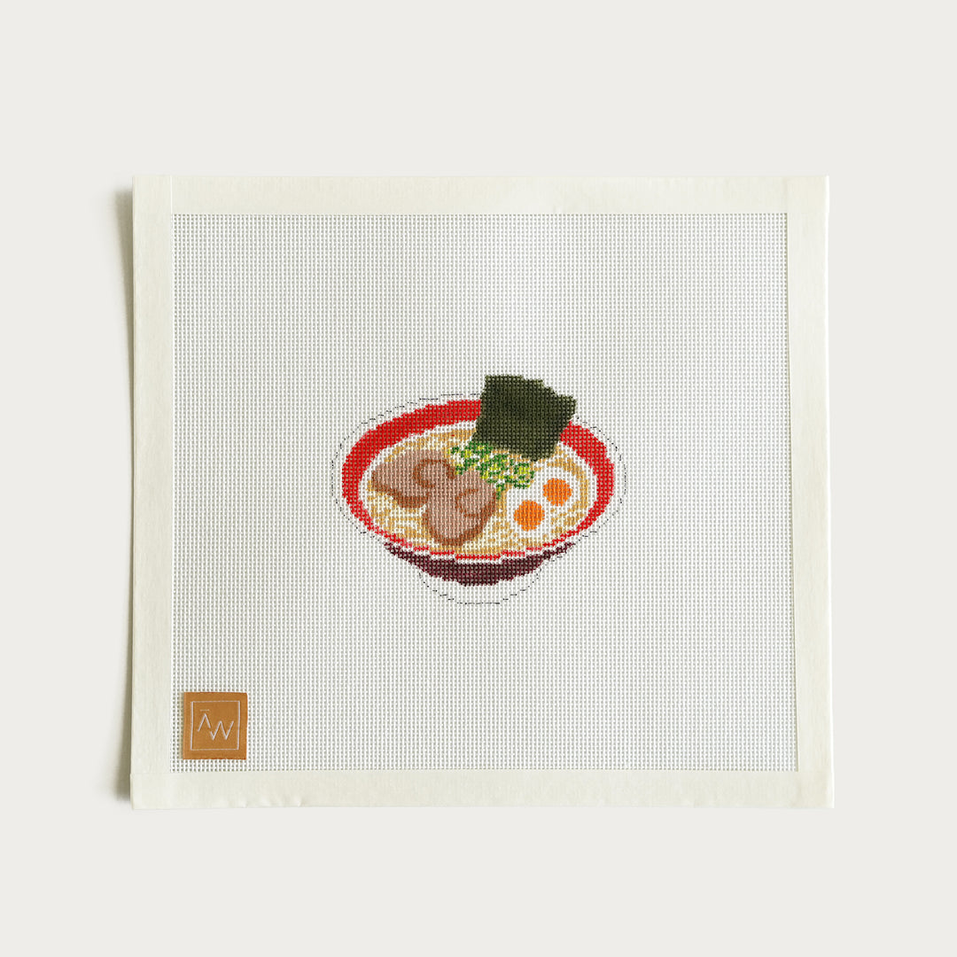 Hand-painted Ramen Bowl needlepoint canvas, 4” x 3” on 18 mesh, featuring a cozy and playful food-inspired design.