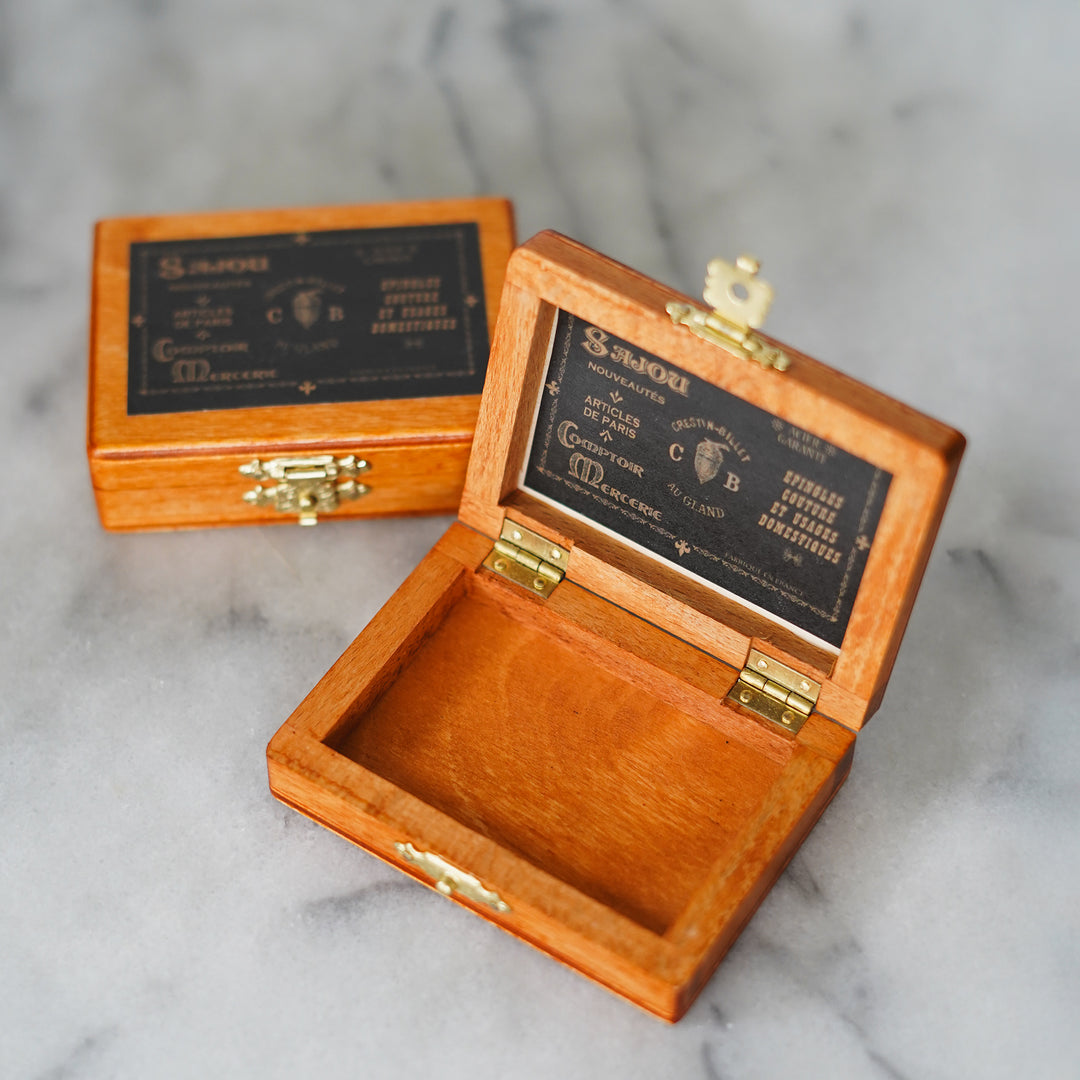 2 Sajou wooden black label boxes needlepoint needles and small accessories