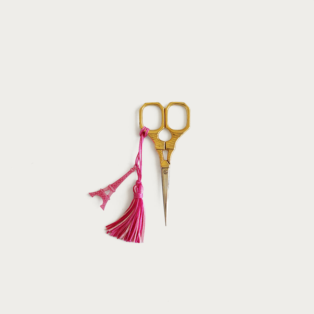 Sajou Gilded Eiffel Tower embroidery scissors, 4", pink charm, fine pointed blades for precision needlepoint and stitching.