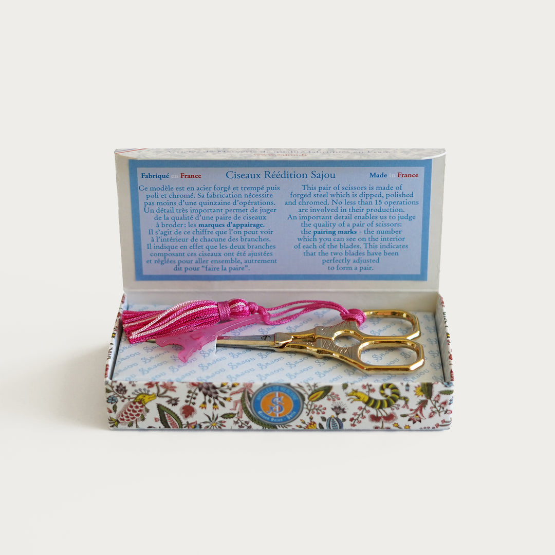 Sajou Gilded Eiffel Tower embroidery scissors, 4", pink charm, fine pointed blades for precision needlepoint and stitching.