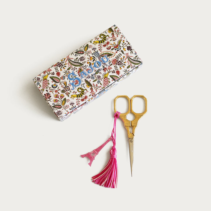 Sajou Gilded Eiffel Tower embroidery scissors, 4", pink charm, fine pointed blades for precision needlepoint and stitching.