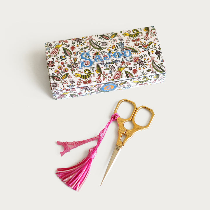 Sajou Gilded Eiffel Tower embroidery scissors, 4", pink charm, fine pointed blades for precision needlepoint and stitching.
