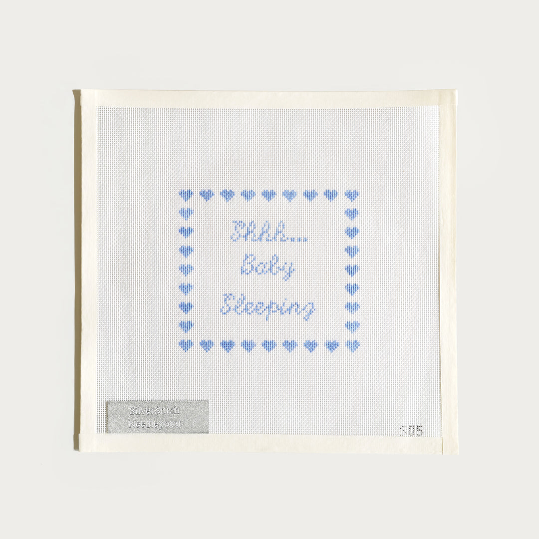 Hand-painted Shhh... Baby Sleeping needlepoint canvas (18 mesh) in blue, perfect for nursery decor.