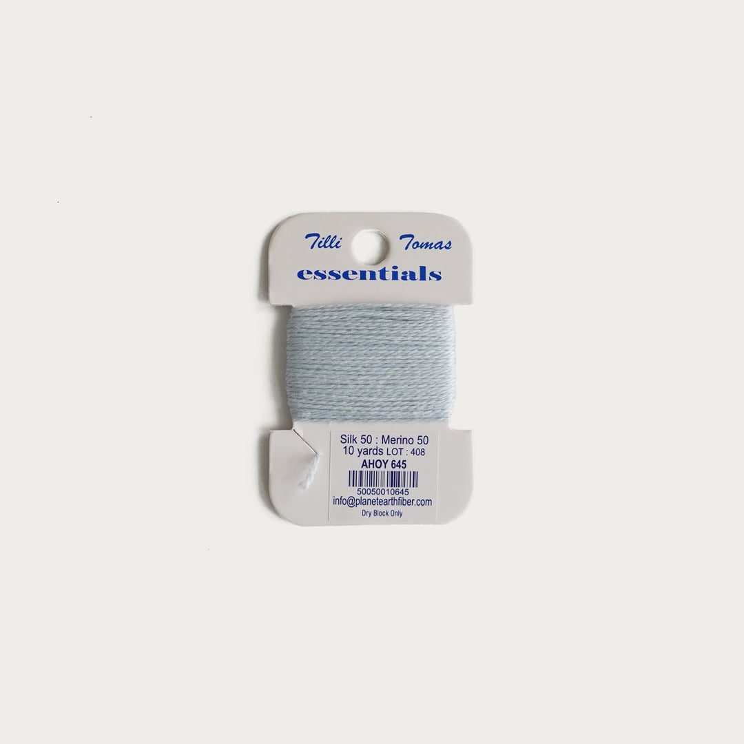 Tilli Tomas Essentials Thread Card in Ahoy E-645 - 50% silk, 50% merino wool, perfect for 18 mesh needlepoint.