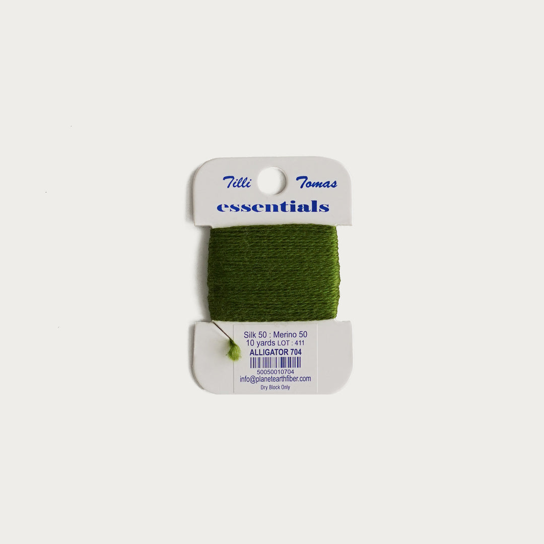 Tilli Tomas Essentials Thread Card in Alligator E-704 - 50% silk, 50% merino wool, perfect for 18 mesh needlepoint.