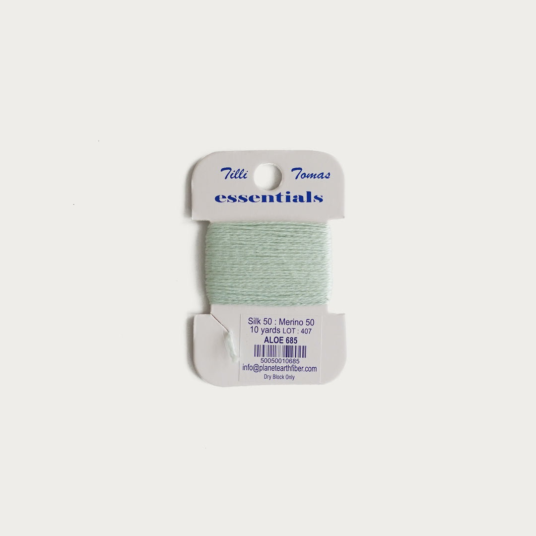 Tilli Tomas Essentials Thread Card in Aloe E-685 - 50% silk, 50% merino wool, perfect for 18 mesh needlepoint.