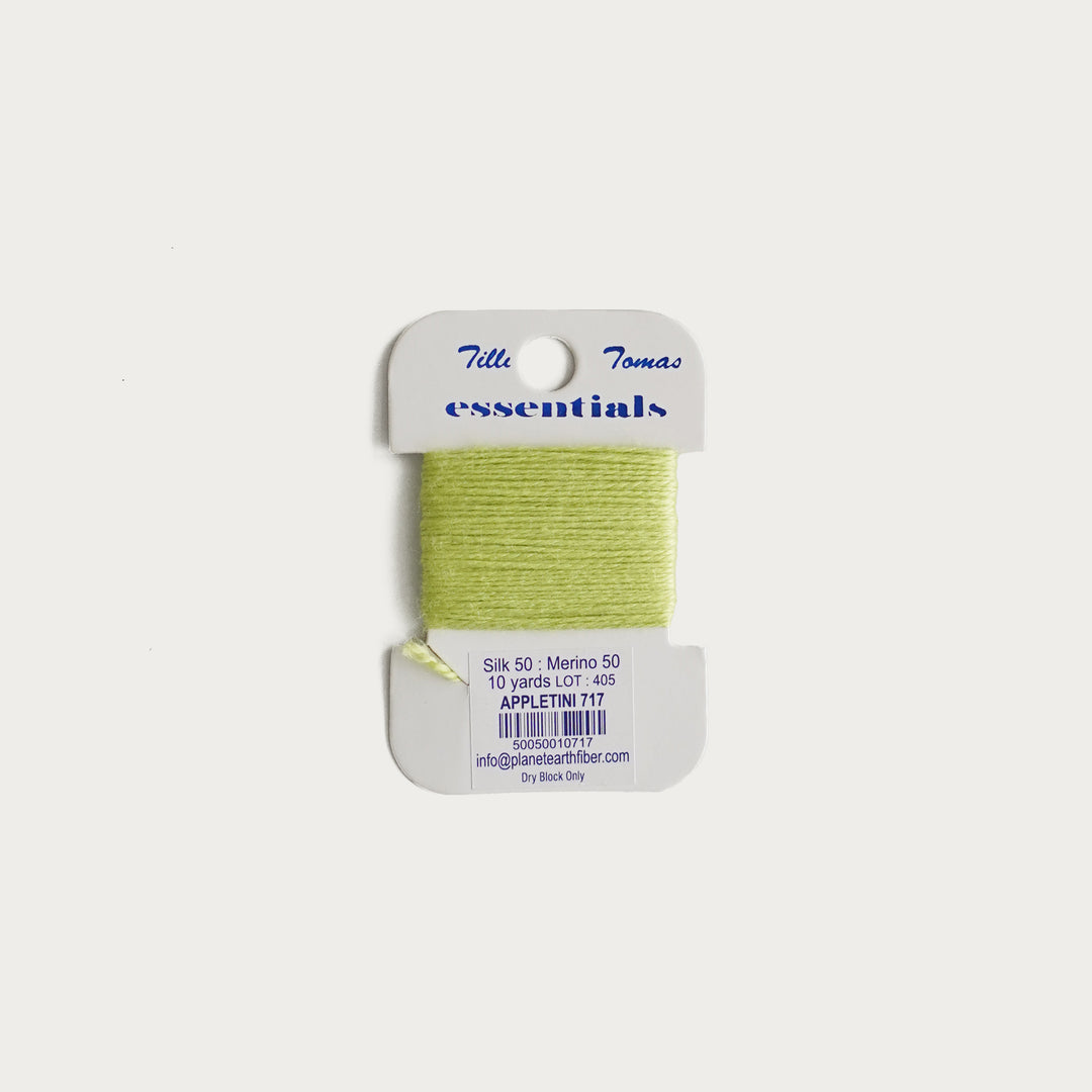 Tilli Tomas Essentials Thread Card in Appletini E-717 - 50% silk, 50% merino wool, perfect for 18 mesh needlepoint.