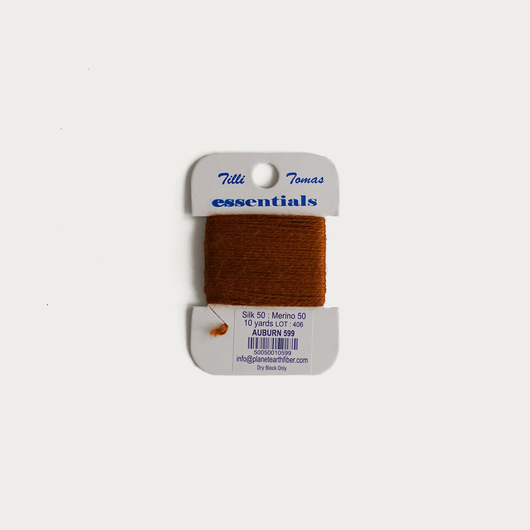 Tilli Tomas Essentials Thread Card in Auburn E-599 - 50% silk, 50% merino wool, perfect for 18 mesh needlepoint.