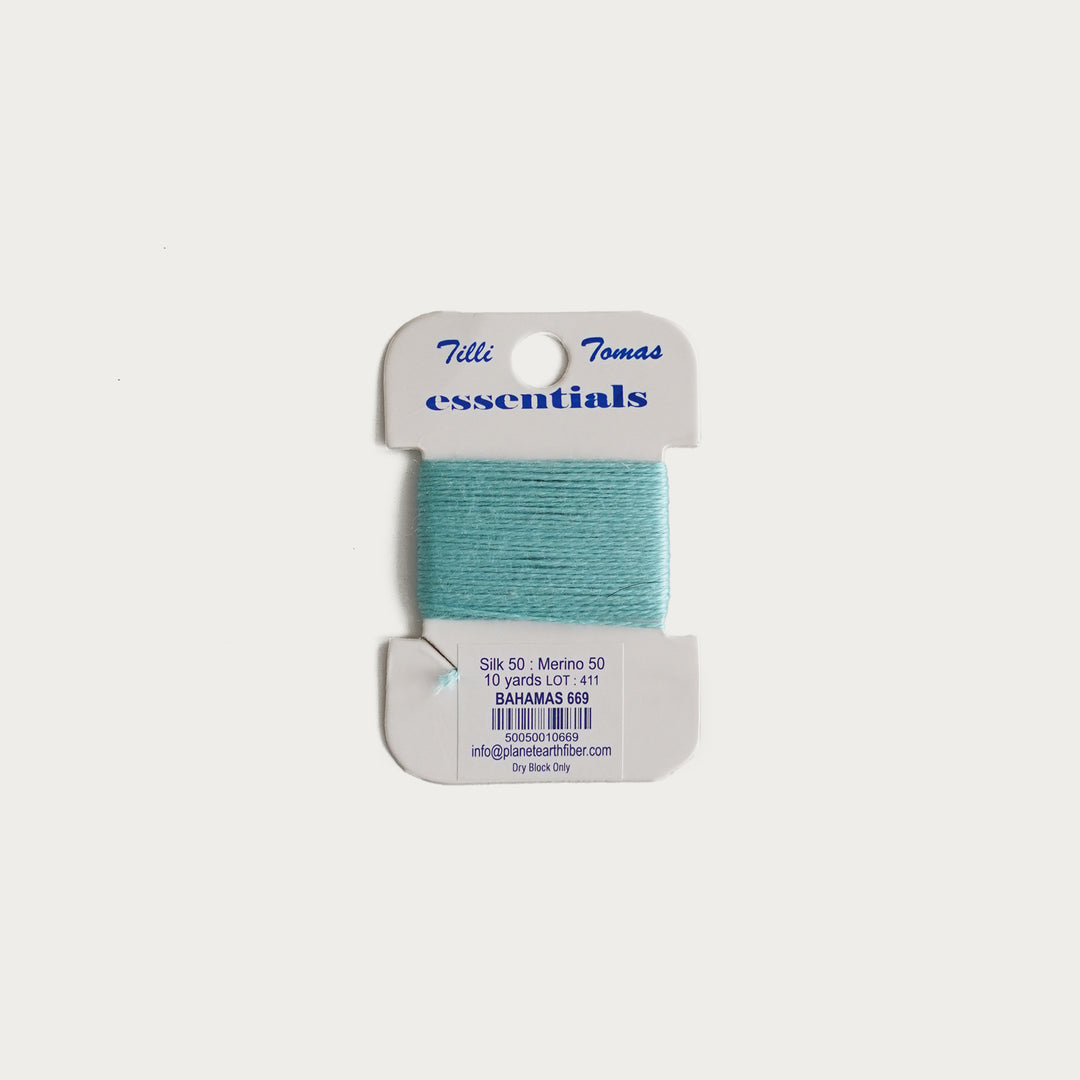 Tilli Tomas Essentials Thread Card in Bahamas E-669 - 50% silk, 50% merino wool, perfect for 18 mesh needlepoint.