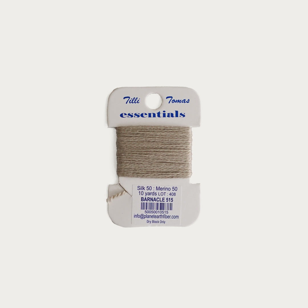 Tilli Tomas Essentials Thread Card in Barnacle E-515 - 50% silk, 50% merino wool, perfect for 18 mesh needlepoint.