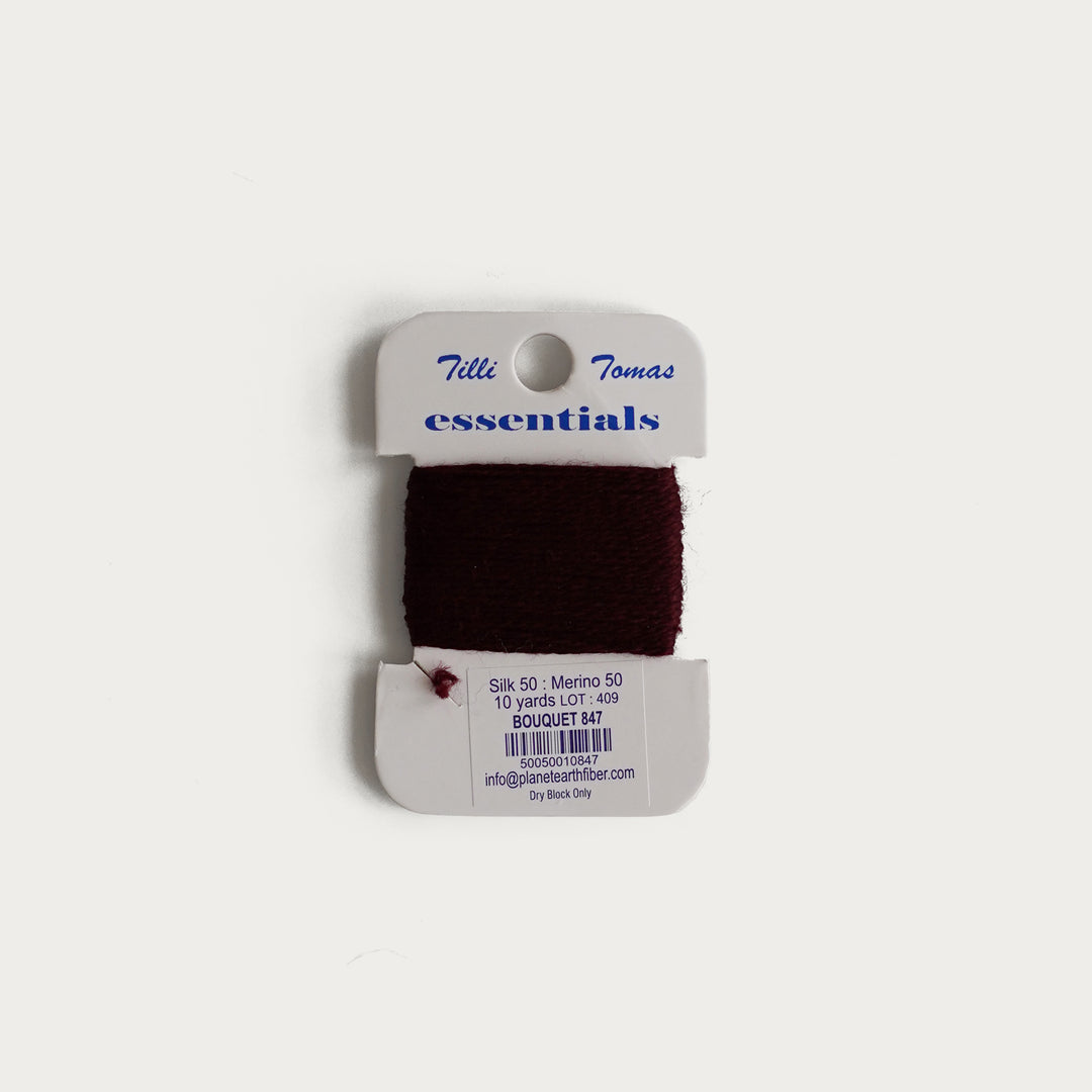 Tilli Tomas Essentials Thread Card in Bouquet E-847 - 50% silk, 50% merino wool, perfect for 18 mesh needlepoint.