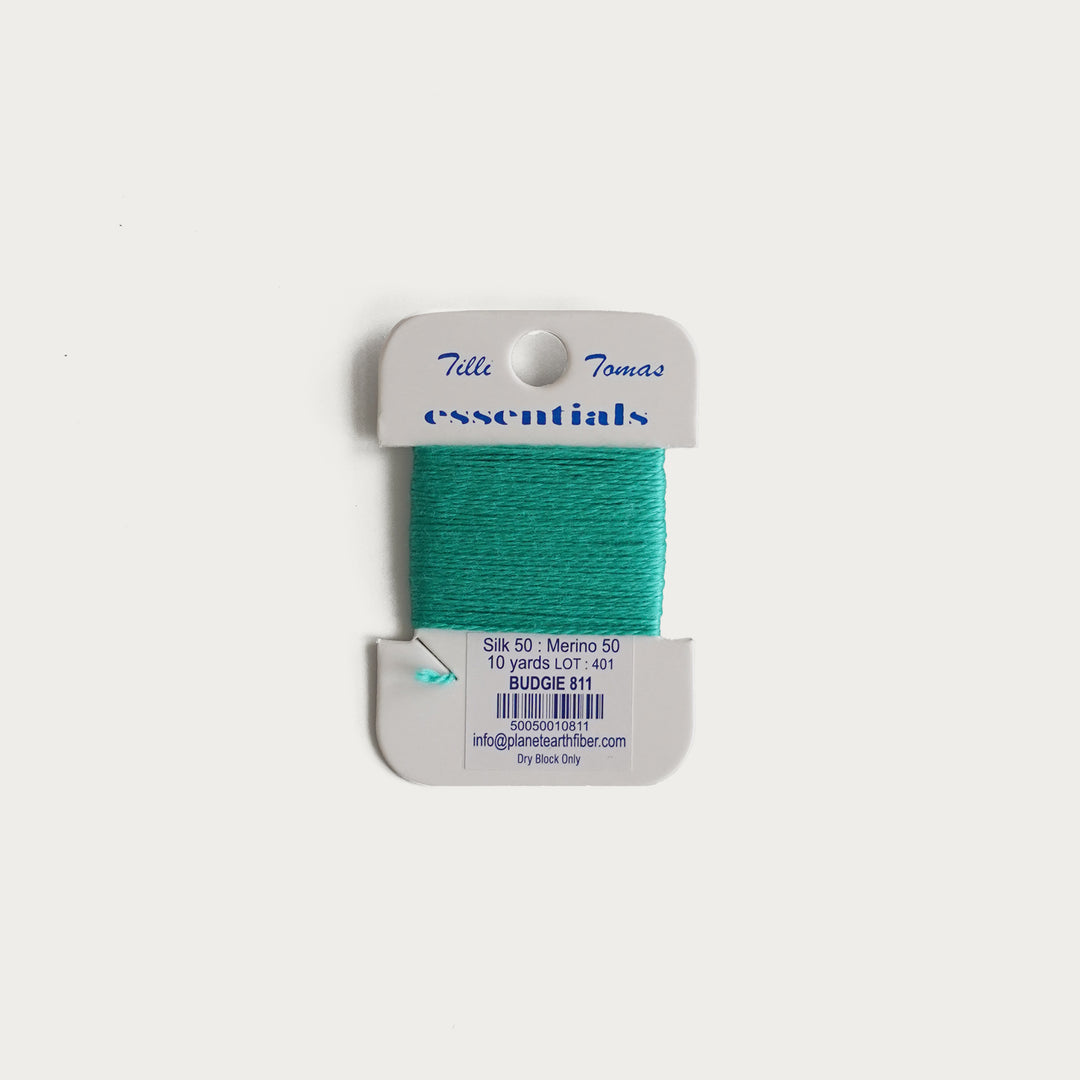 Tilli Tomas Essentials Thread Card in Budgie E-811 - 50% silk, 50% merino wool, perfect for 18 mesh needlepoint.