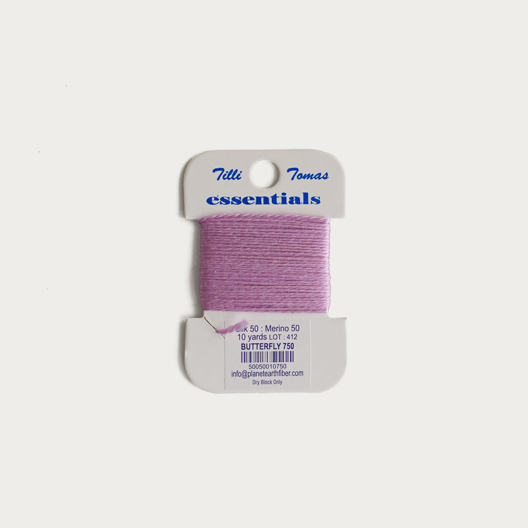 Tilli Tomas Essentials Thread Card in Butterfly E-750 - 50% silk, 50% merino wool, perfect for 18 mesh needlepoint.