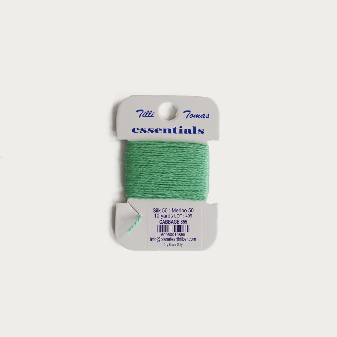 Tilli Tomas Essentials Thread Card in Cabbage E-855 - 50% silk, 50% merino wool, perfect for 18 mesh needlepoint.