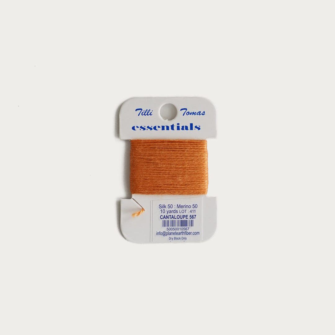 Tilli Tomas Essentials Thread Card in Cantaloupe E-567 - 50% silk, 50% merino wool, perfect for 18 mesh needlepoint.