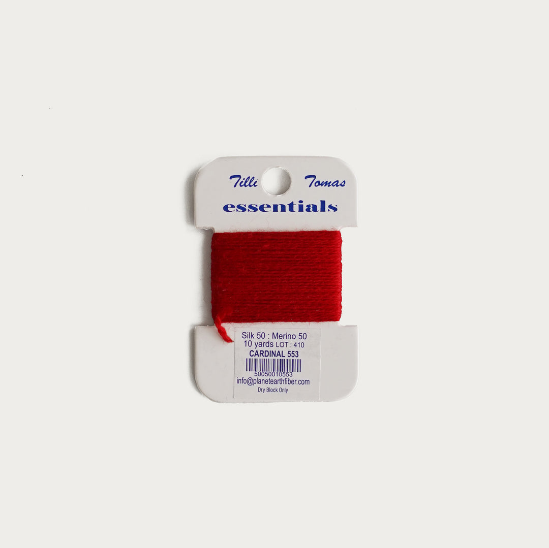 Tilli Tomas Essentials Thread Card in Cardinal E-553 - 50% silk, 50% merino wool, perfect for 18 mesh needlepoint.