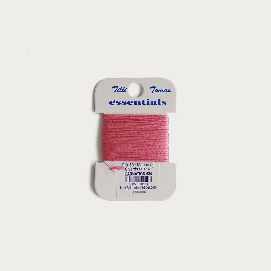 Tilli Tomas Essentials Thread Card in Carnation E-534 - 50% silk, 50% merino wool, perfect for 18 mesh needlepoint.