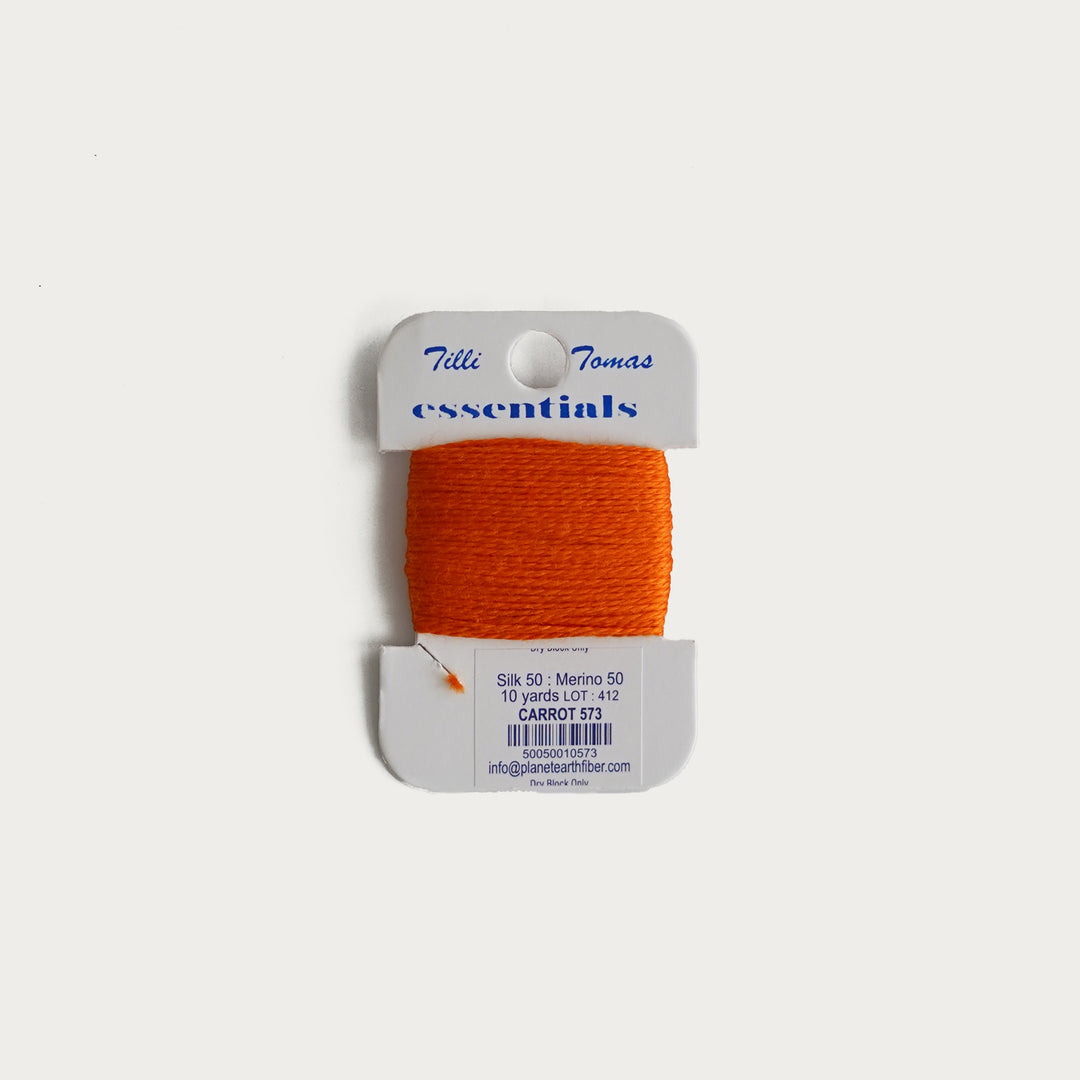 Tilli Tomas Essentials Thread Card in Carrot E-573 - 50% silk, 50% merino wool, perfect for 18 mesh needlepoint.