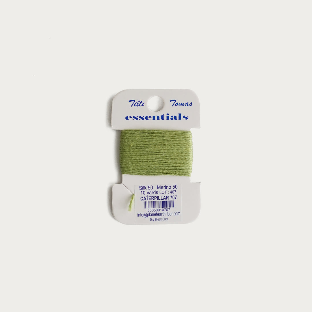 Tilli Tomas Essentials Thread Card in Caterpillar E-707 - 50% silk, 50% merino wool, perfect for 18 mesh needlepoint.