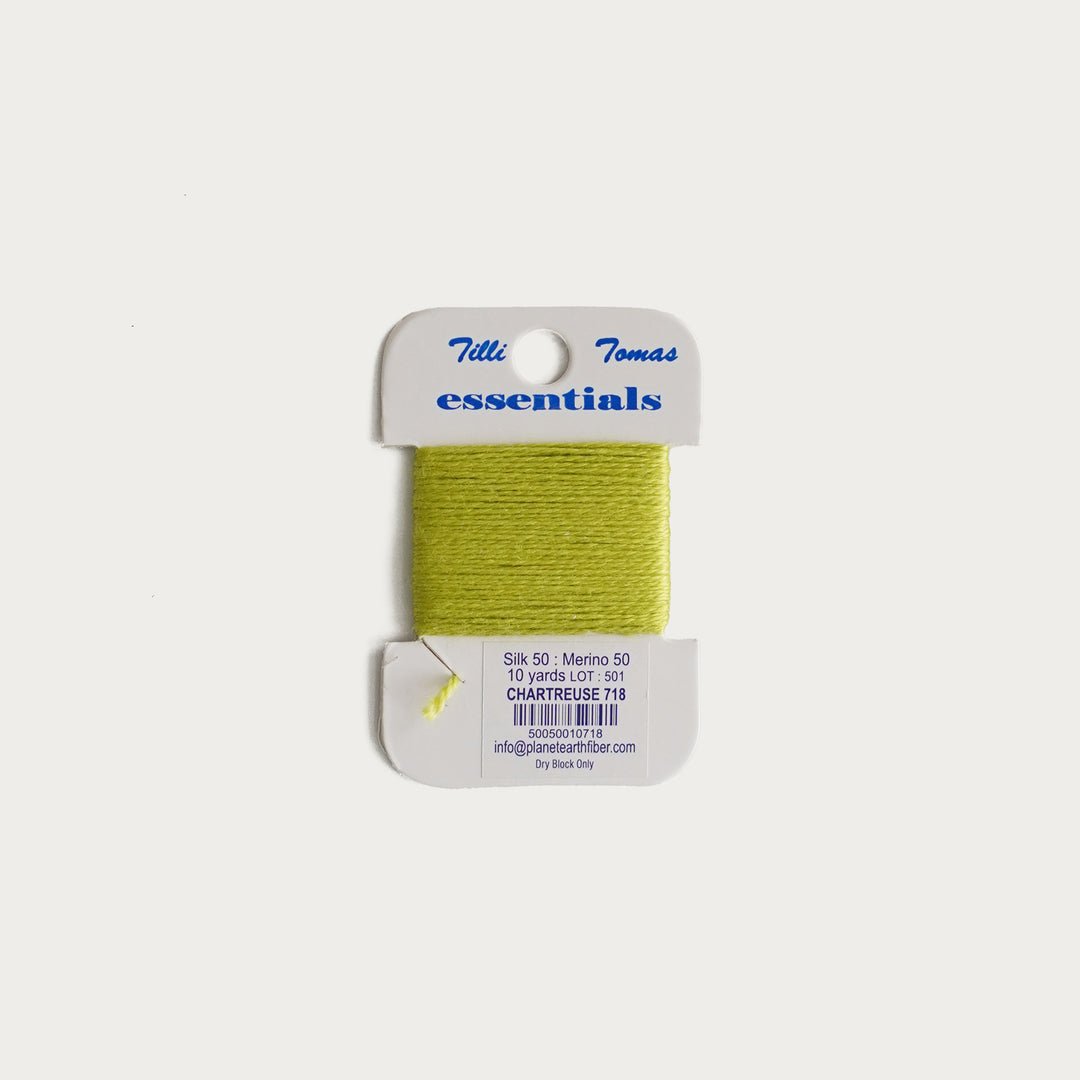 Tilli Tomas Essentials Thread Card in Charteuse E-718 - 50% silk, 50% merino wool, perfect for 18 mesh needlepoint.