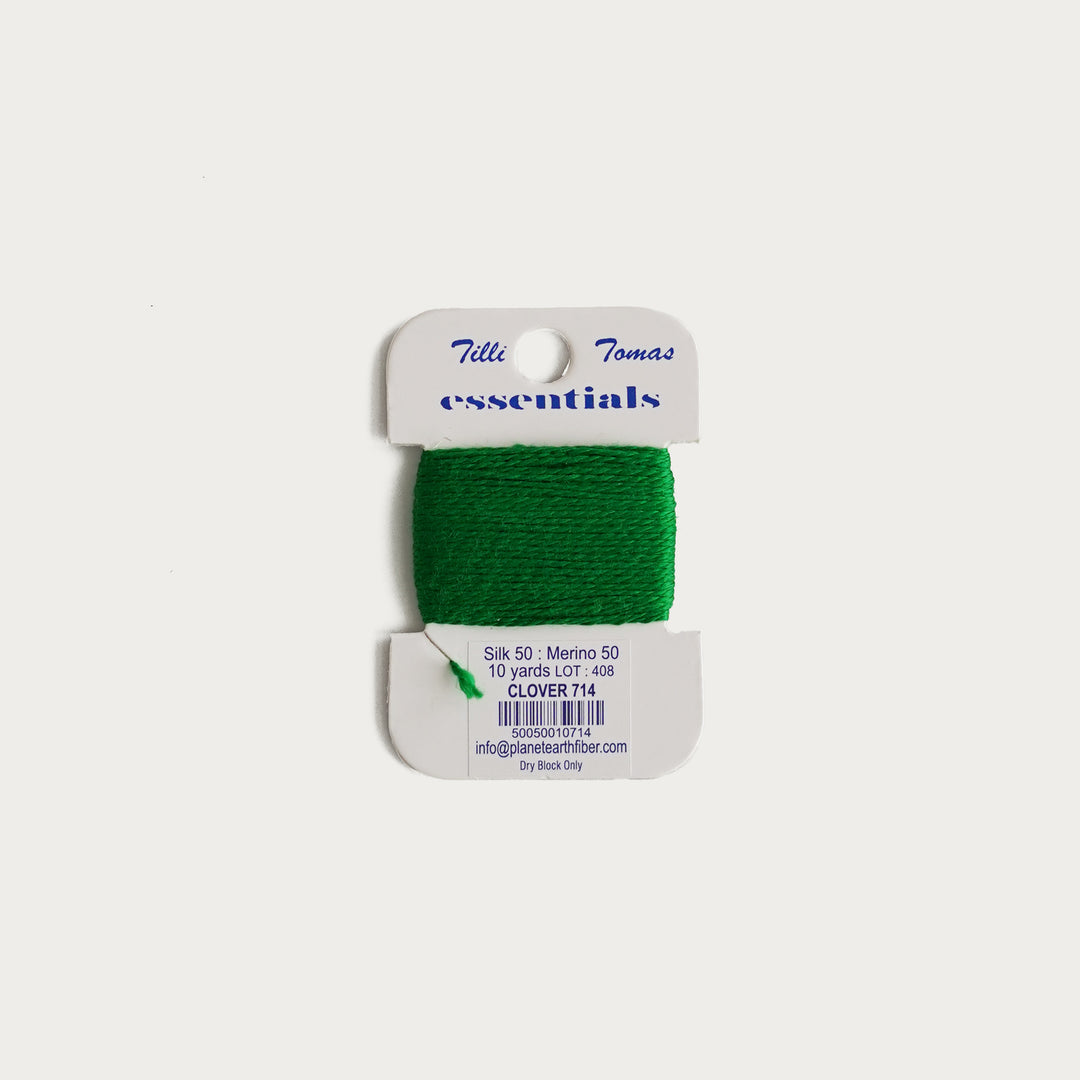 Tilli Tomas Essentials Thread Card in Clover E-714 - 50% silk, 50% merino wool, perfect for 18 mesh needlepoint.