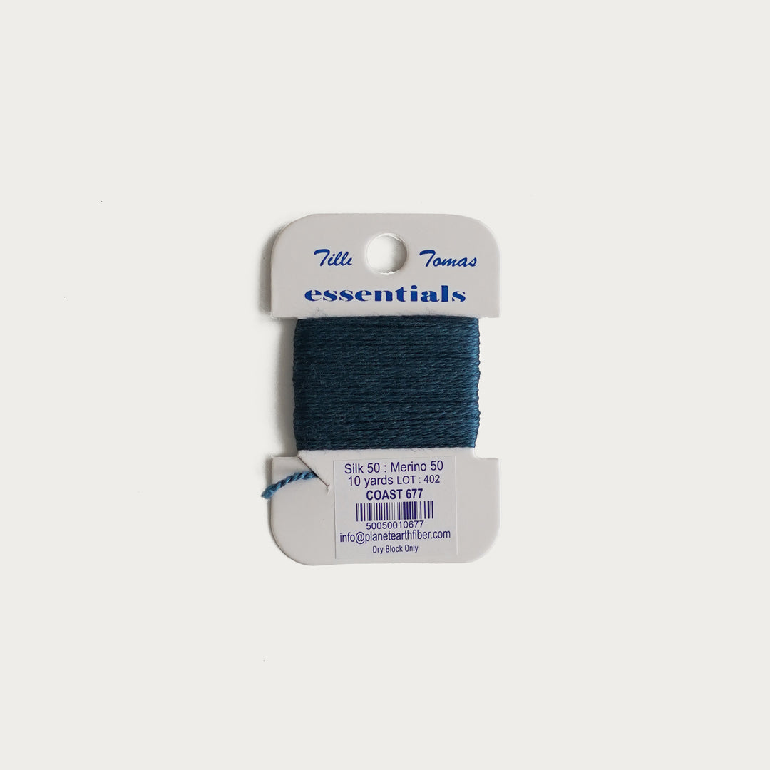 Tilli Tomas Essentials Thread Card in Coast E-677 - 50% silk, 50% merino wool, perfect for 18 mesh needlepoint.