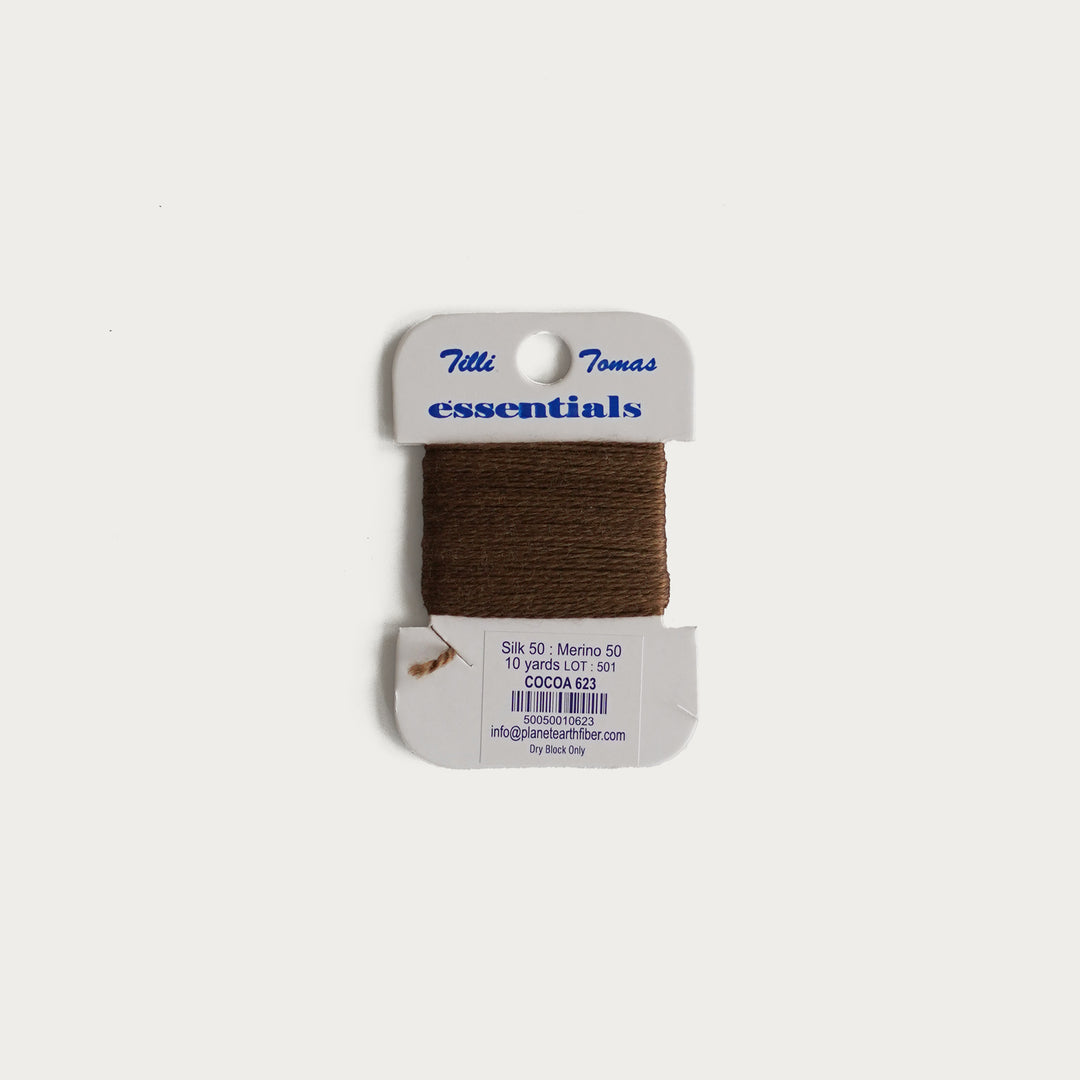 Tilli Tomas Essentials Thread Card in Cocoa E-623 - 50% silk, 50% merino wool, perfect for 18 mesh needlepoint.