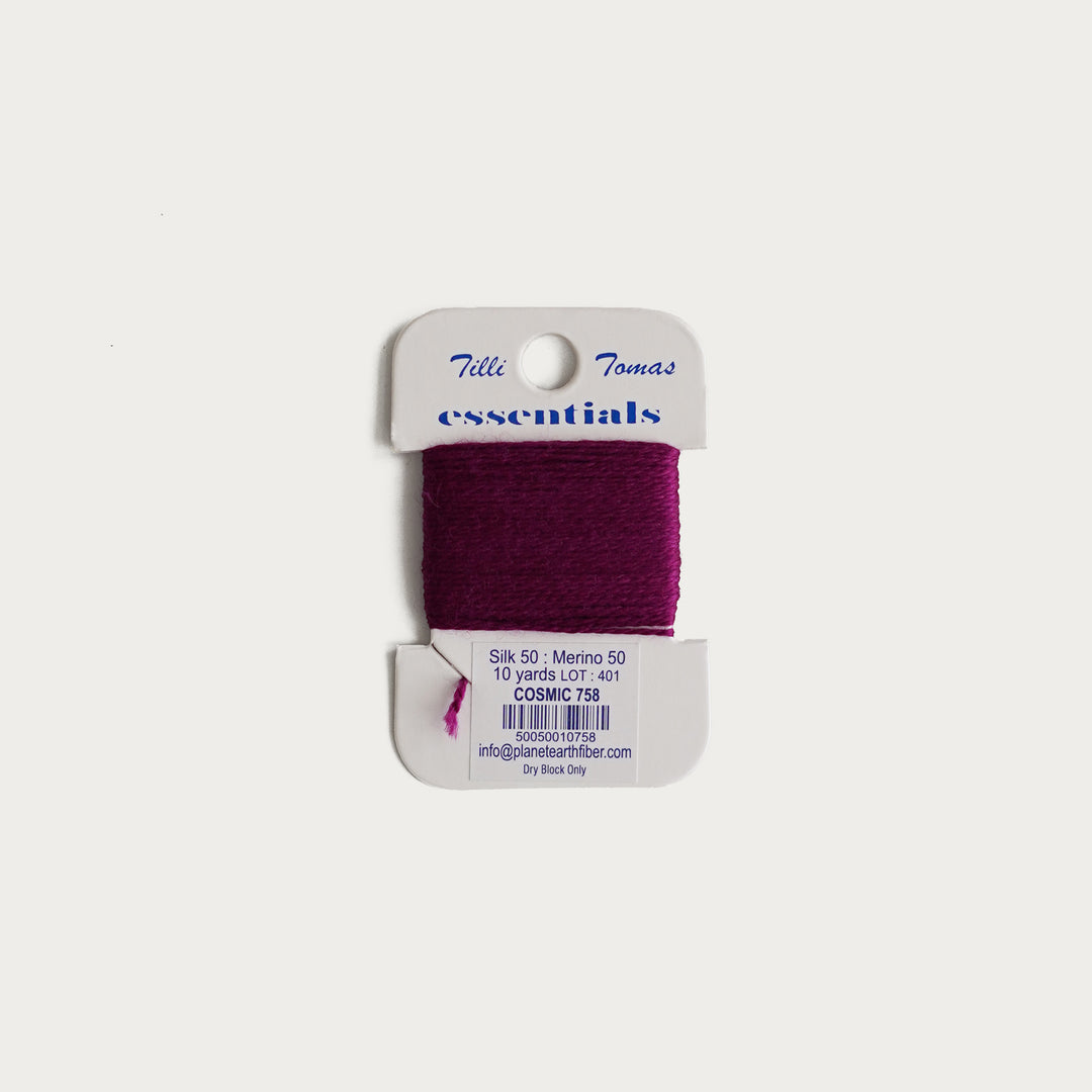 Tilli Tomas Essentials Thread Card in Cosmic E-758 - 50% silk, 50% merino wool, perfect for 18 mesh needlepoint.