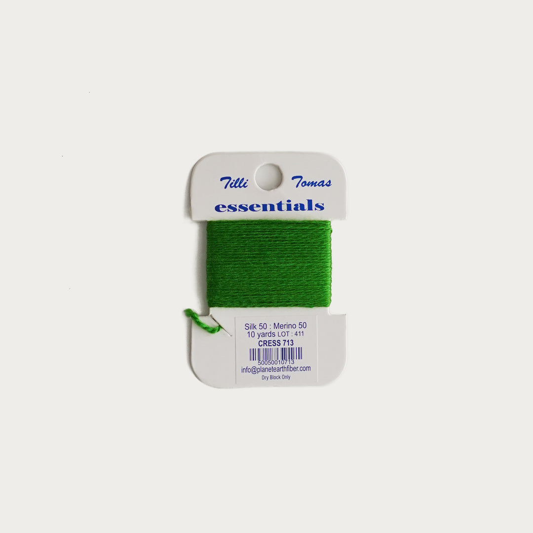 Tilli Tomas Essentials Thread Card in Cress E-713 - 50% silk, 50% merino wool, perfect for 18 mesh needlepoint.