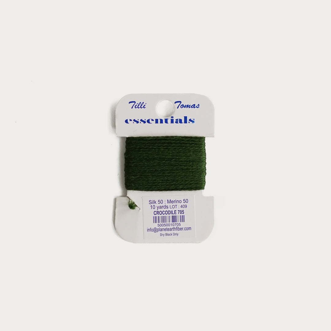 Tilli Tomas Essentials Thread Card in Crocodile E-705 - 50% silk, 50% merino wool, perfect for 18 mesh needlepoint.