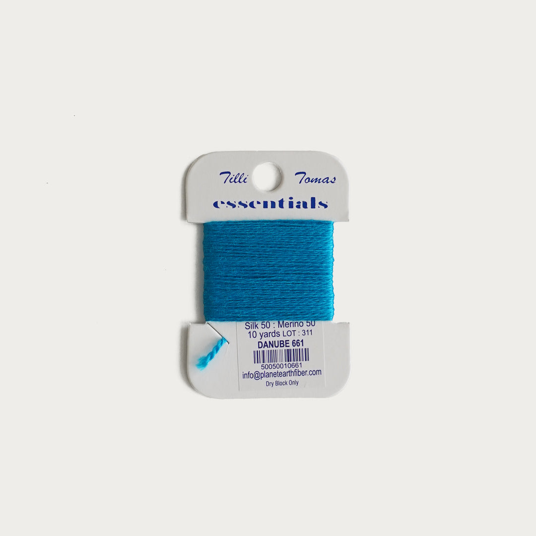 Tilli Tomas Essentials Thread Card in Danube E-661 - 50% silk, 50% merino wool, perfect for 18 mesh needlepoint.