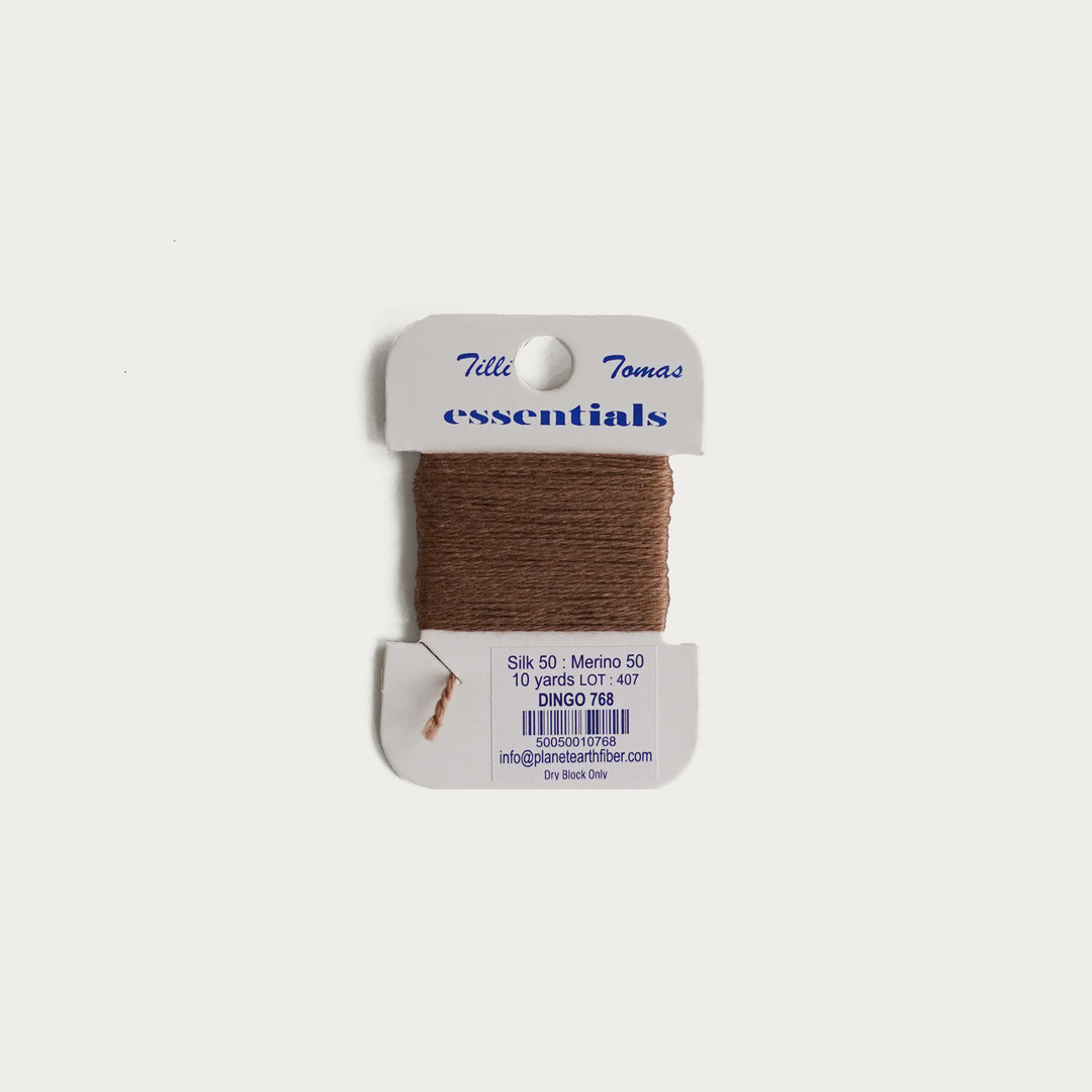 Tilli Tomas Essentials Thread Card in Dingo E-768 - 50% silk, 50% merino wool, perfect for 18 mesh needlepoint.