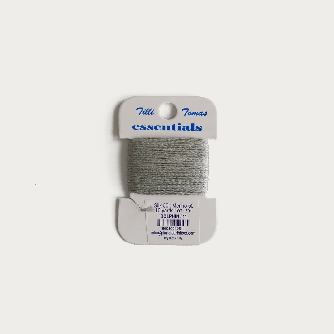 Tilli Tomas Essentials Thread Card in Dolphin E-511 - 50% silk, 50% merino wool, perfect for 18 mesh needlepoint.