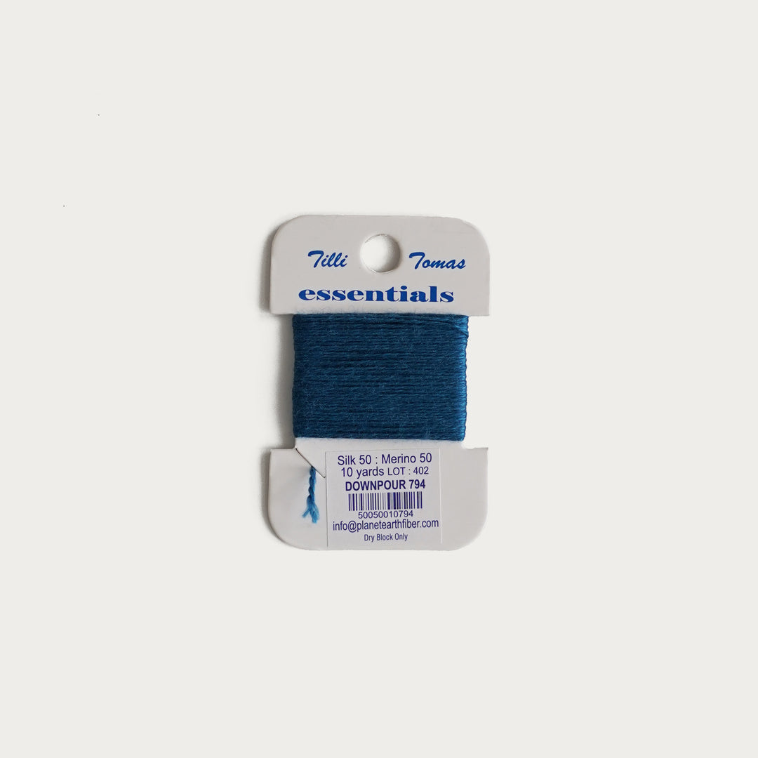 Tilli Tomas Essentials Thread Card in Downpour E-794 - 50% silk, 50% merino wool, perfect for 18 mesh needlepoint.