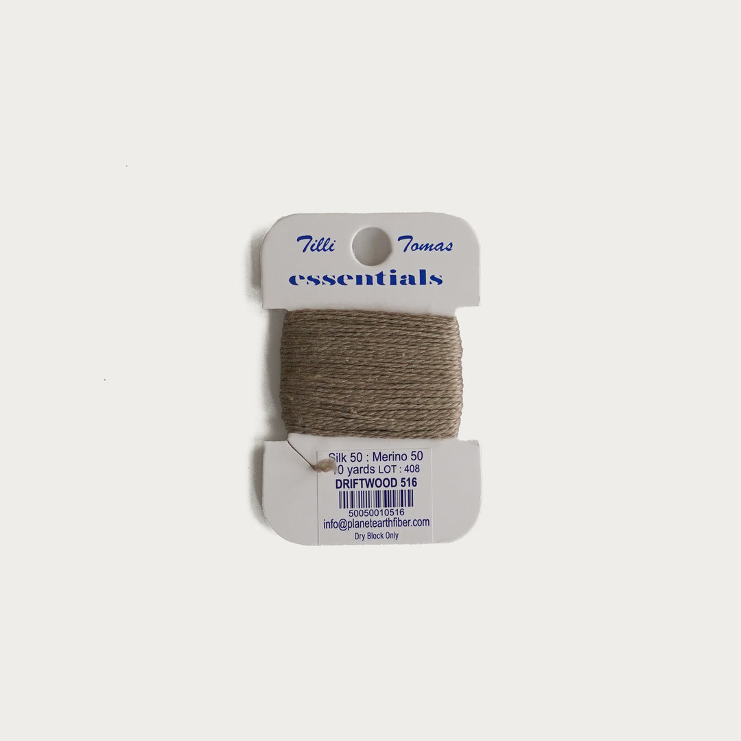 Tilli Tomas Essentials Thread Card in Driftwood E-516 - 50% silk, 50% merino wool, perfect for 18 mesh needlepoint.