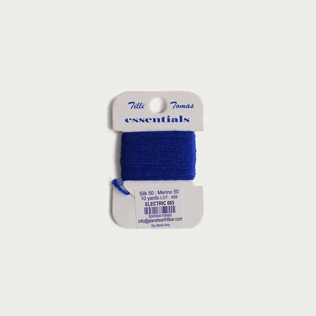 Tilli Tomas Essentials Thread Card in Electric E-665 - 50% silk, 50% merino wool, perfect for 18 mesh needlepoint.