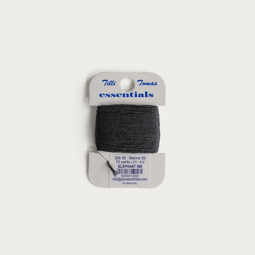 Tilli Tomas Essentials Thread Card in Elephant E-509 - 50% silk, 50% merino wool, perfect for 18 mesh needlepoint.