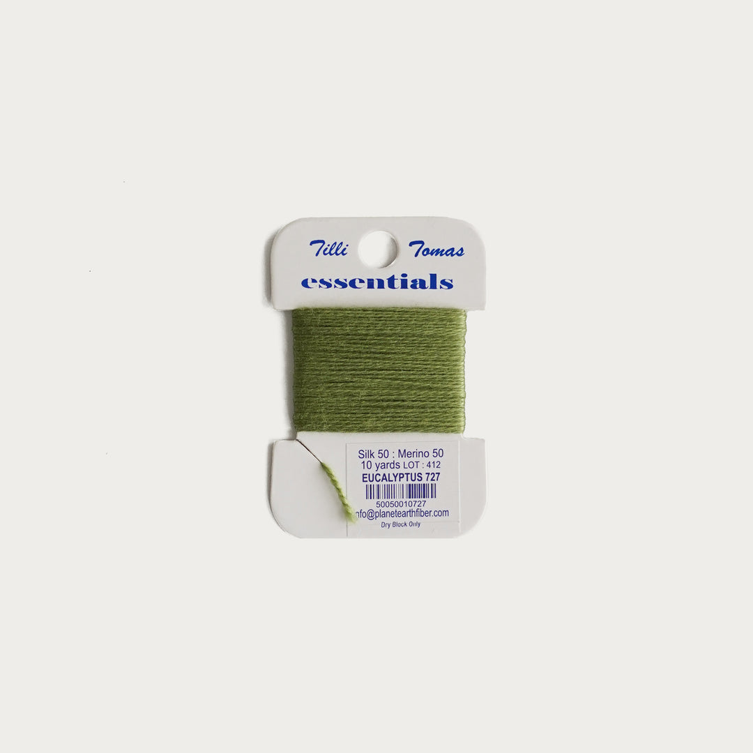 Tilli Tomas Essentials Thread Card in Eucalyptus E-727 - 50% silk, 50% merino wool, perfect for 18 mesh needlepoint.