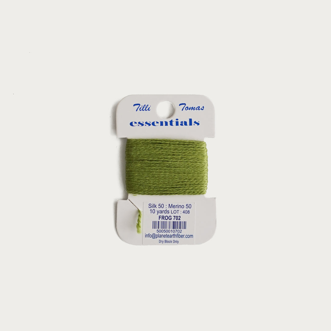 Tilli Tomas Essentials Thread Card in Frog E-702 - 50% silk, 50% merino wool, perfect for 18 mesh needlepoint.