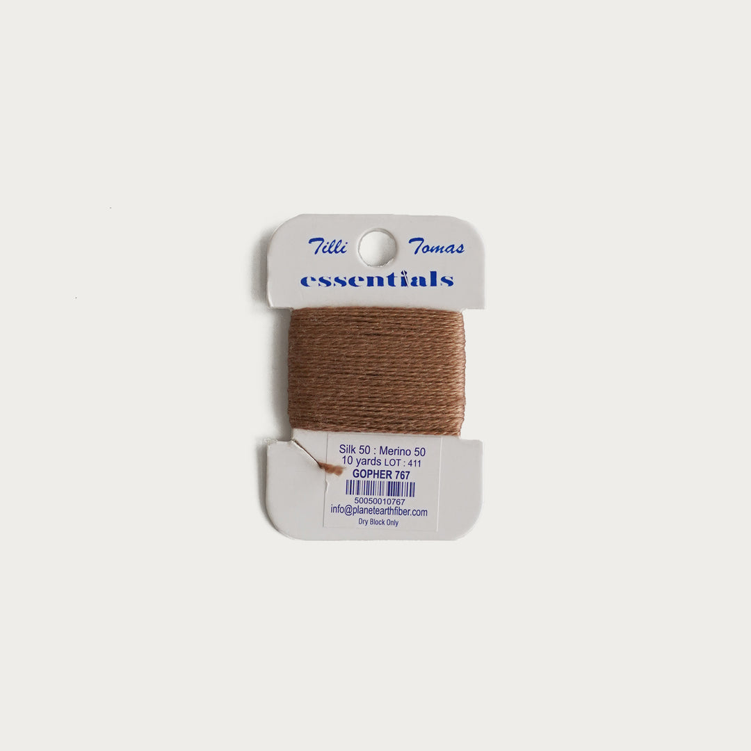 Tilli Tomas Essentials Thread Card in Gopher E-767 - 50% silk, 50% merino wool, perfect for 18 mesh needlepoint.