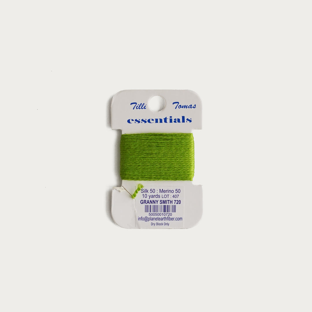 Tilli Tomas Essentials Thread Card in Granny Smith E-720 - 50% silk, 50% merino wool, perfect for 18 mesh needlepoint.