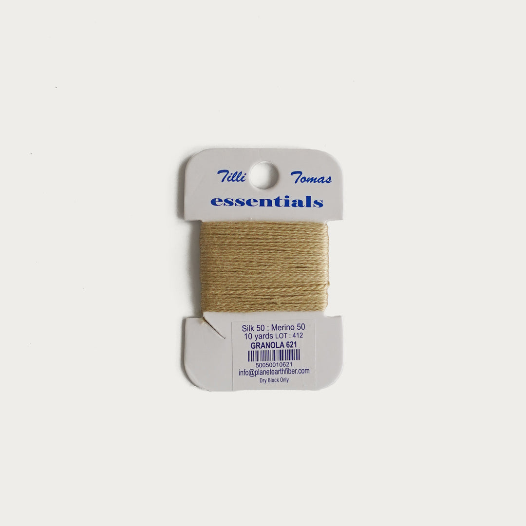 Tilli Tomas Essentials Thread Card in Granola E-621 - 50% silk, 50% merino wool, perfect for 18 mesh needlepoint.