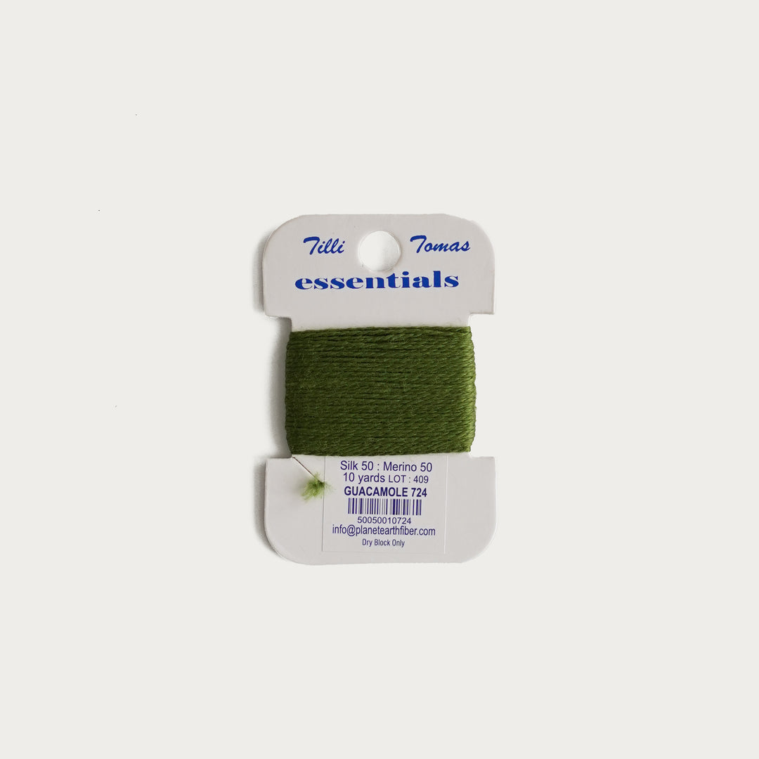 Tilli Tomas Essentials Thread Card in Guacamole E-724 - 50% silk, 50% merino wool, perfect for 18 mesh needlepoint.