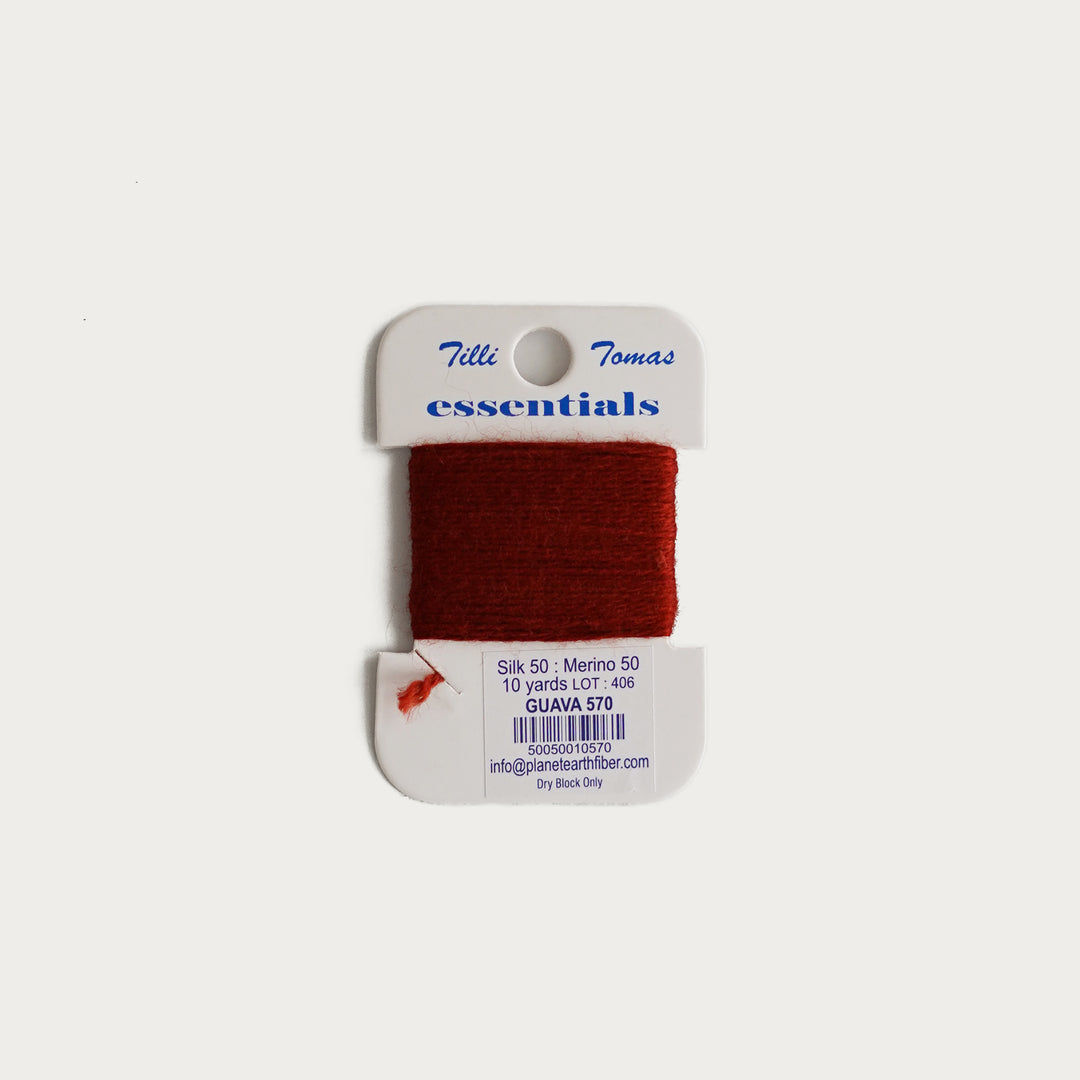 Tilli Tomas Essentials Thread Card in Guava E-570 - 50% silk, 50% merino wool, perfect for 18 mesh needlepoint.