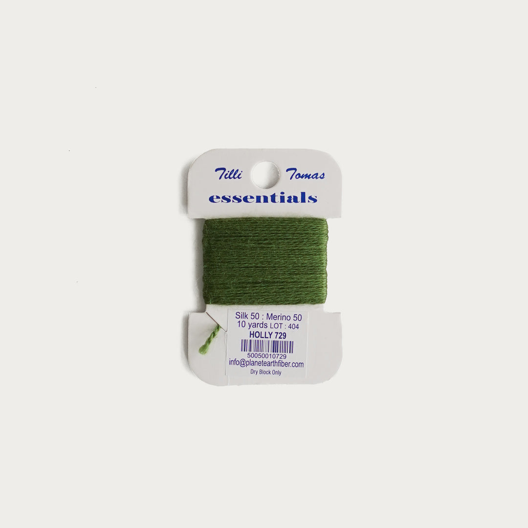 Tilli Tomas Essentials Thread Card in Holly E-729 - 50% silk, 50% merino wool, perfect for 18 mesh needlepoint.