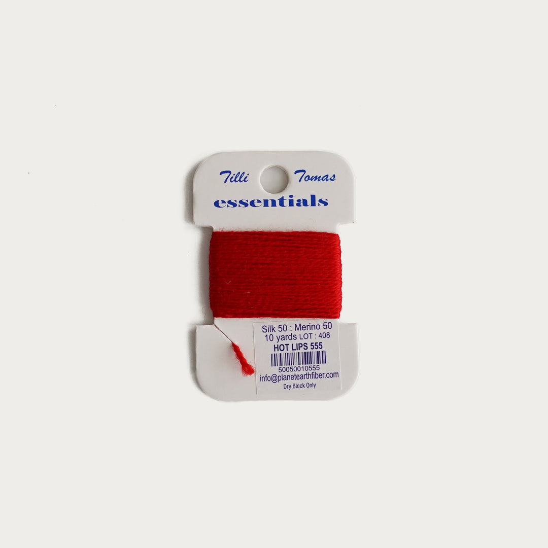 Tilli Tomas Essentials Thread Card in Hot Lips E-555 - 50% silk, 50% merino wool, perfect for 18 mesh needlepoint.