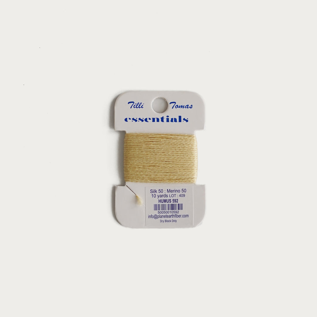 Tilli Tomas Essentials Thread Card in Hummus E-592 - 50% silk, 50% merino wool, perfect for 18 mesh needlepoint.